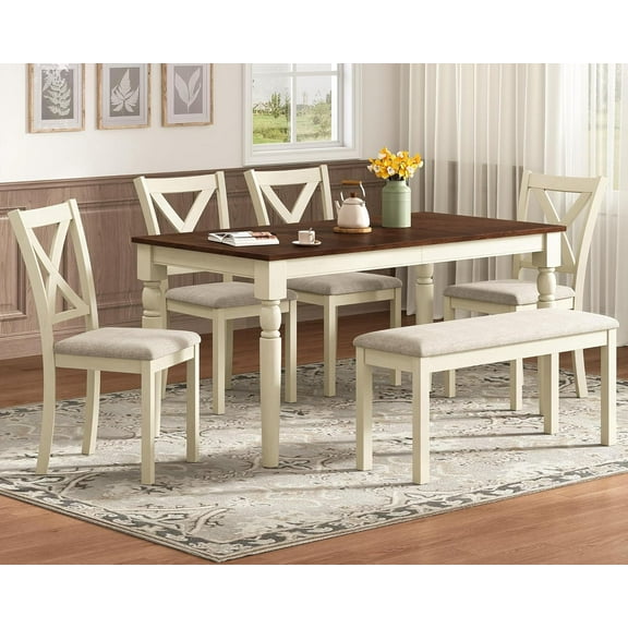 Merluxy 6 Piece 60" Solid Wood Dining Table Set, for Kitchen, Dining Room, Brown & Cream