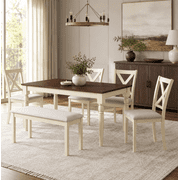 Merluxy 6 Piece 60" Solid Wood Dining Table Set, for Kitchen, Dining Room, Brown & Cream