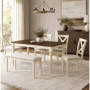 Merluxy 6 Piece 60" Solid Wood Dining Table Set, for Kitchen, Dining Room, Brown & Cream