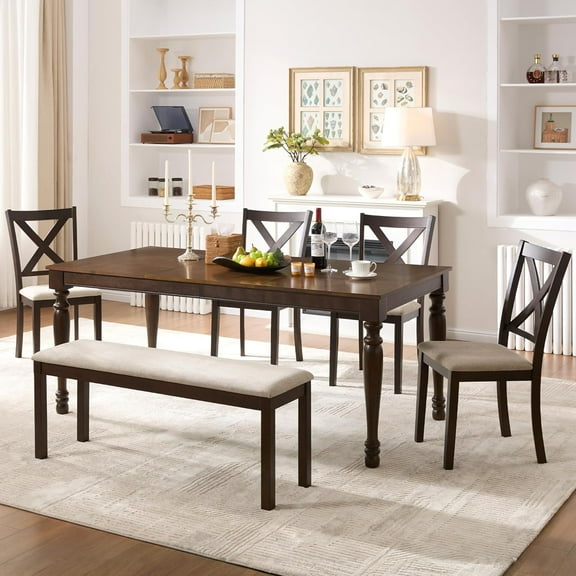Merluxy 6 Piece 71" Solid Wood Dining Table Set, for Kitchen, Dining Room, Brown & Black