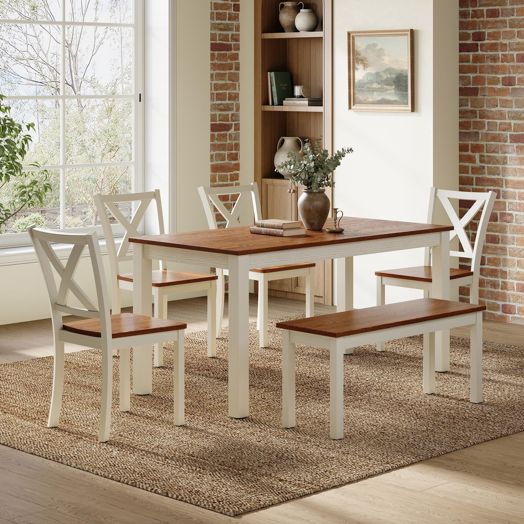 Merluxy 6-Piece Farmhouse Dining Table Set, 59" Wooden Table with 4 Chairs & Bench, Kitchen & Dining Room Set for 6, Walnut & White