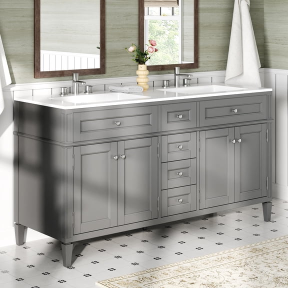 Merluxy 60″ Bathroom Vanity with Sink Combo, Modern Double Sink Vanity, Solid Wood with 3 Storage Drawers & Adjustable Shelves, Grey