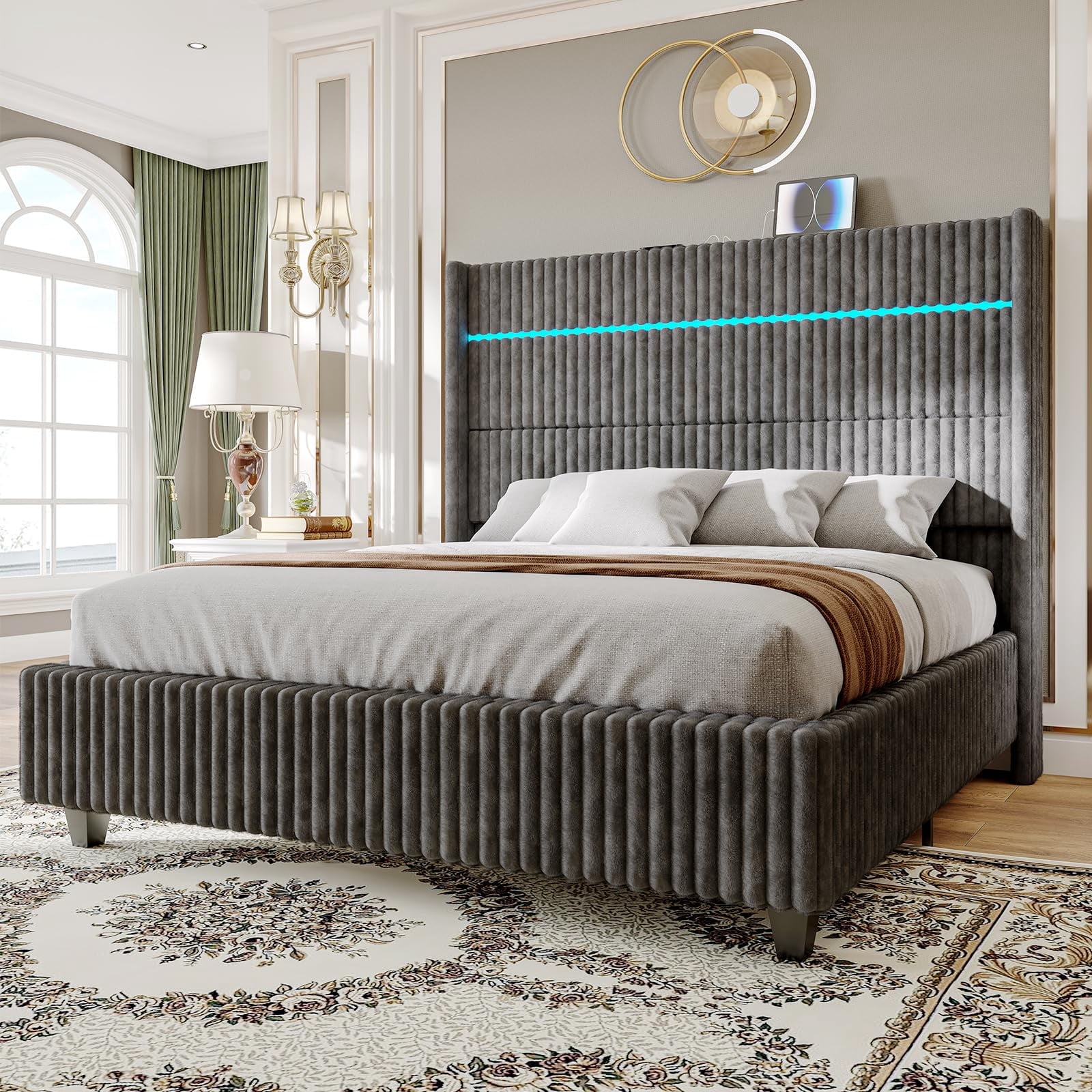 Merluxy 60" Tall California King Bed Frame with LED Lights, Faux-Fur Upholstered Platform with Wingback Headboard & Charging Station, Grey