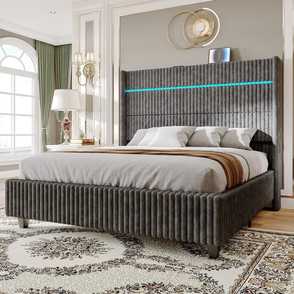 Merluxy 60" Tall California King Bed Frame with LED Lights, Faux-Fur Upholstered Platform with Wingback Headboard & Charging Station, Grey