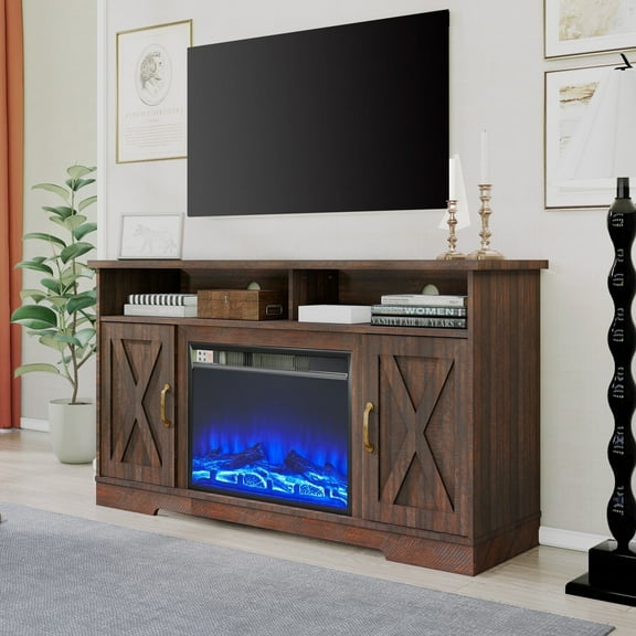 Merluxy 63" TV Stand with 26" Fireplace, 63" Entertainment Center for TVs up to 73", Reclaimed Barnwood