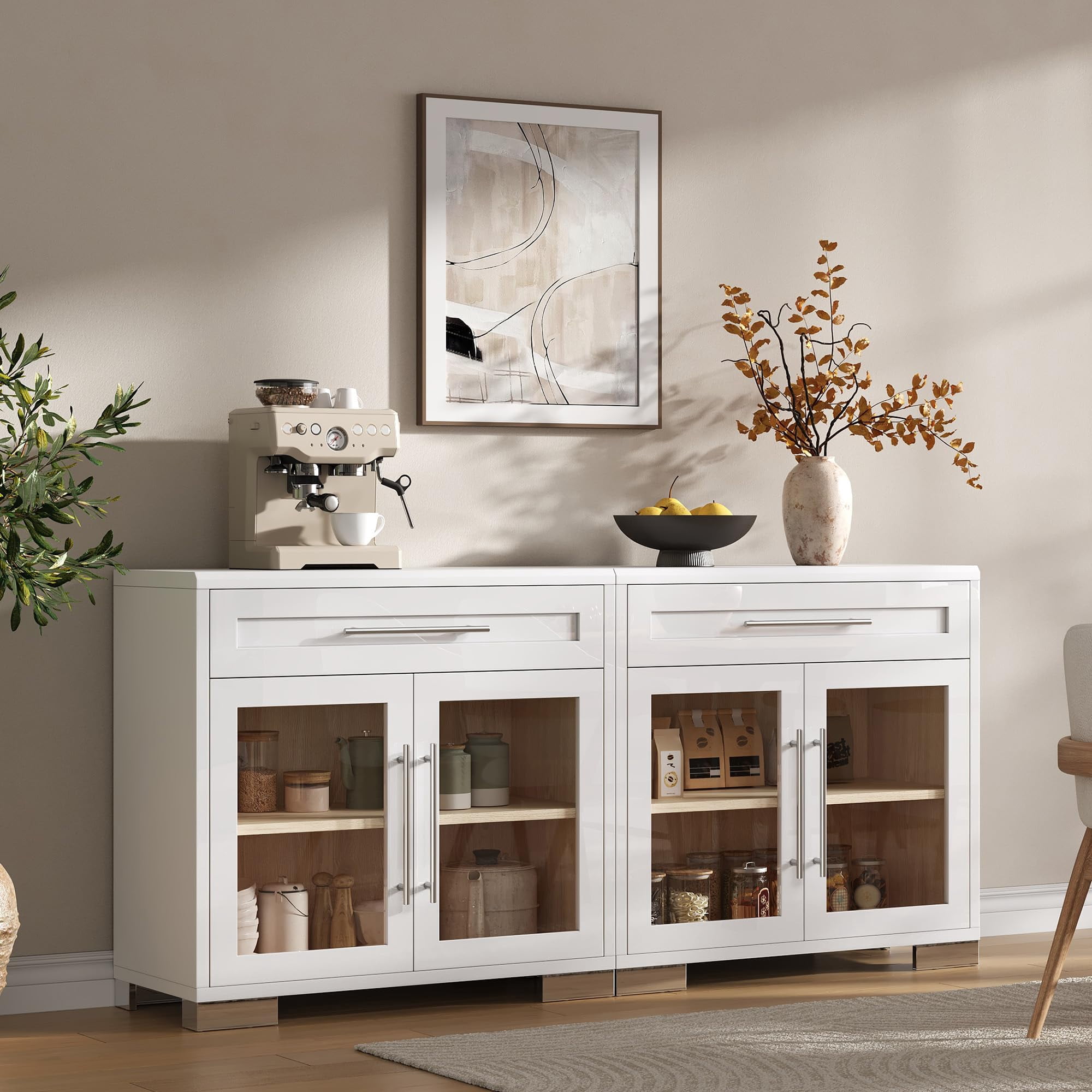 Merluxy 63" W Glass Door Modular Cabinet with Drawer Slides, White ...
