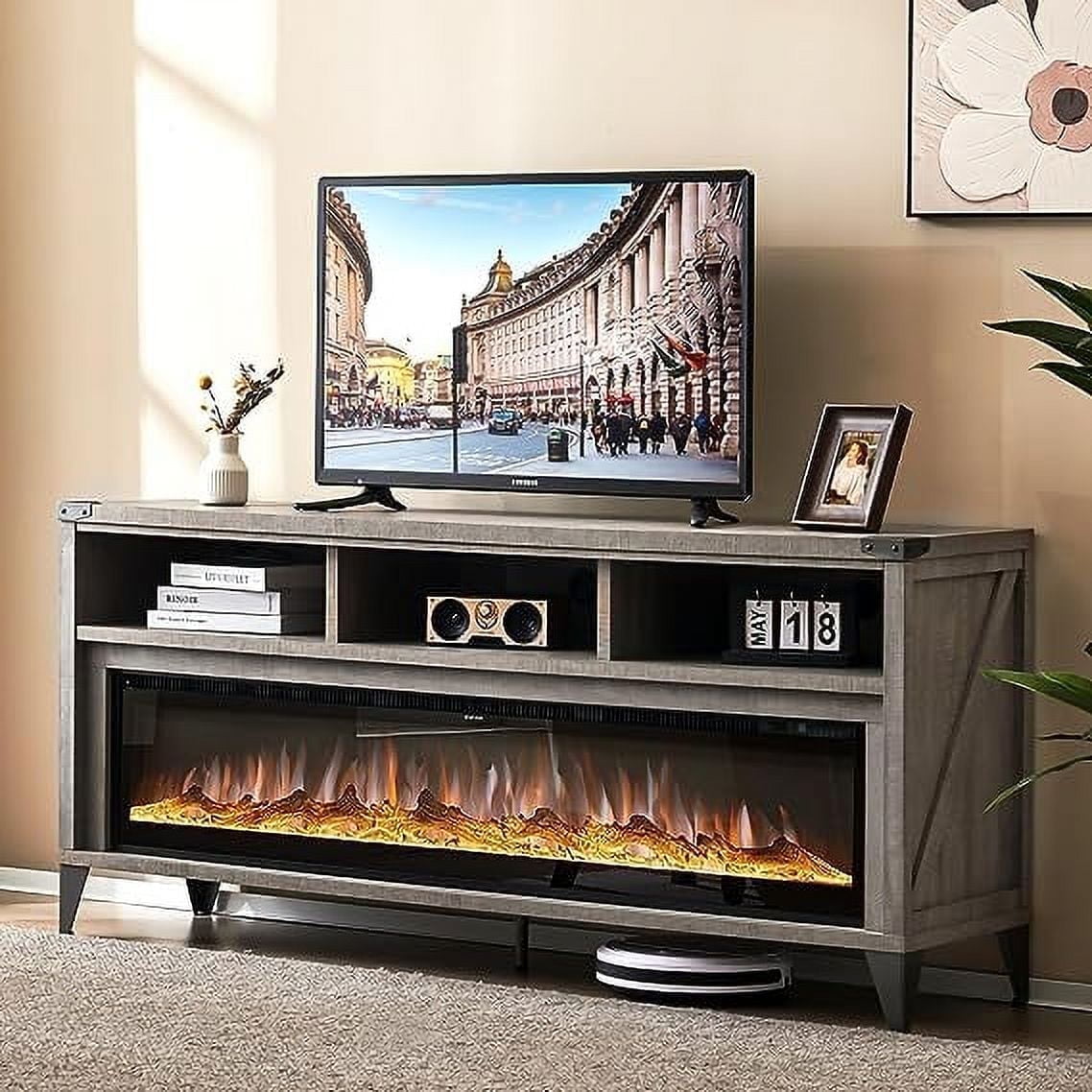 "Amerlife 65"" Light Gray Fireplace TV Stand with 60"" Glass Electric ...