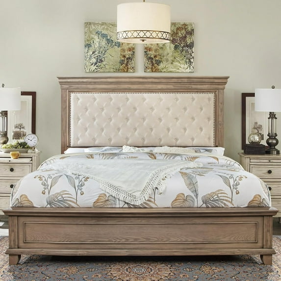 Merluxy 68.1" H Queen Size Bed Frame with Upholstered Headboard, Solid Wood Mid-Century Platform Bed, Architectural Design, Light Oak