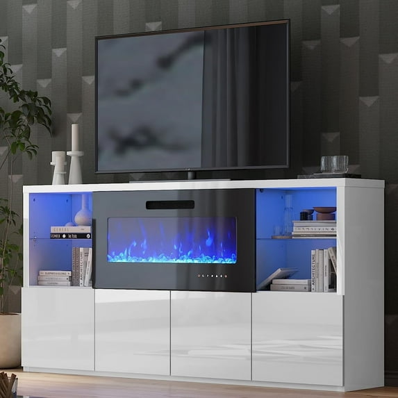 Merluxy 68" Fireplace TV Stand with 40" Electric Fireplace for TVs up to 78", TV Console Cabinet with Glass Shelves, White & Black