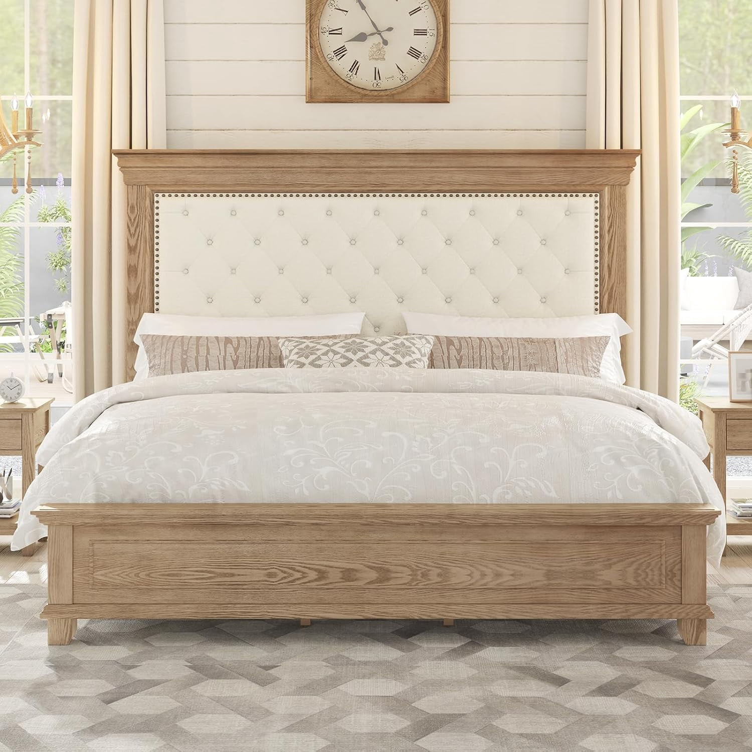 Merluxy 68" H King Size Bed Frame with Upholstered Headboard, Solid Wood Mid-Century Platform Bed, Button Tufted/Antique Brass Nail Trim, Light Oak
