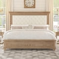 thumbnail image 1 of Merluxy 68" H King Size Bed Frame with Upholstered Headboard, Solid Wood Mid-Century Platform Bed, Button Tufted/Antique Brass Nail Trim, Light Oak, 1 of 8