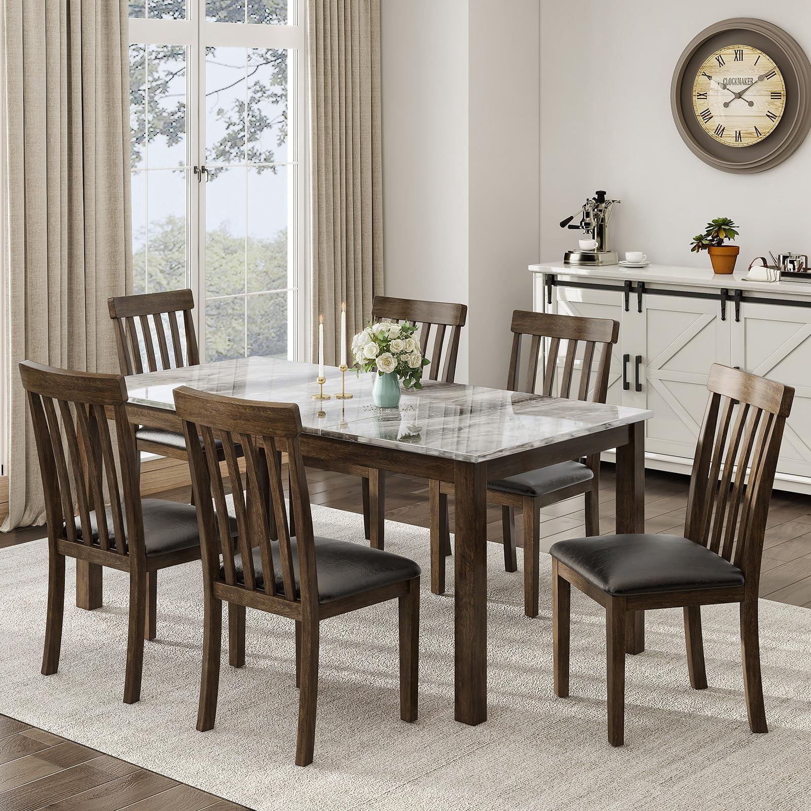 Merluxy 7 Piece Dining Table Set, 71" Solid Wood Table and Chairs ...
