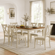 Merluxy 7-Piece Solid Wood Dining Table Set, 60" Farmhouse Dining Table with 6 Chairs, Dining Table Set for 6, Kitchen & Dining Room, Rustic Cream