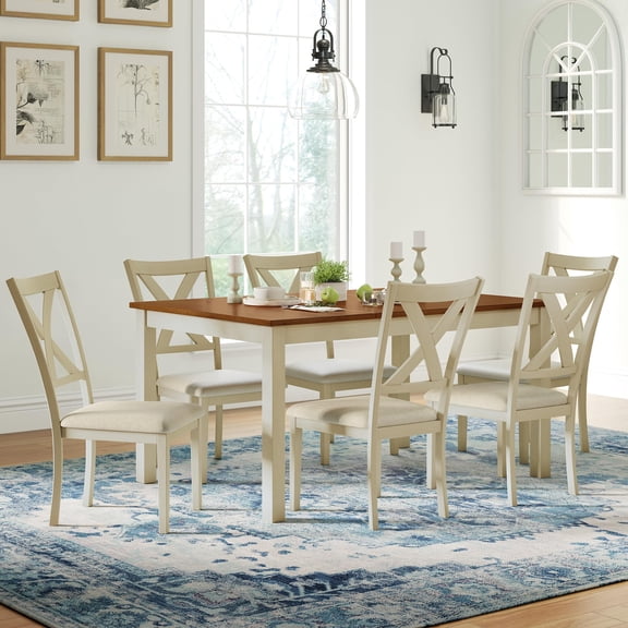 Merluxy 7-Piece Solid Wood Dining Table Set, 60" Farmhouse Dining Table with 6 Chairs, Dining Table Set for 6, Kitchen & Dining Room, Rustic Cream