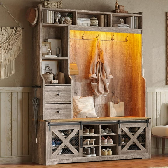 Merluxy 7-in-1 Farmhouse Shoe Cabinet with Bench, LED Entryway Hall Tree with Drawers, Rustic Grey
