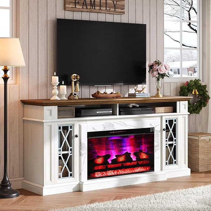 Distressed White 70" Farmhouse Fireplace TV Stand with Cabinet