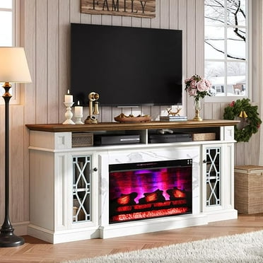 Merluxy 70" Farmhouse Heavy Fireplace TV Stand with 33" Electric Fireplace, for 80" TVs up, Media Entertainment Center with Diamond Door, TV Console Storage Cabinet for Living Room, White & Barnwood