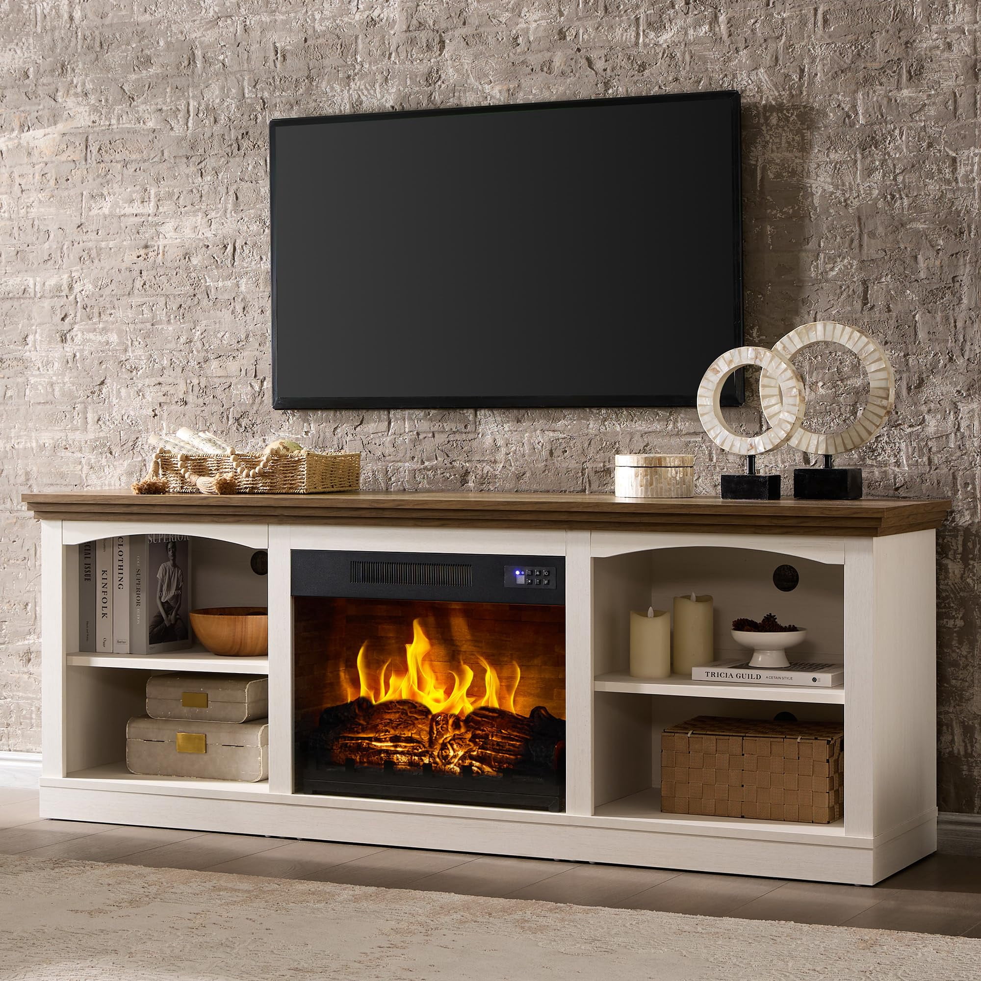Merluxy 70" Fireplace TV Stand for TVs up to 80", Farmhouse Entertainment Center with 23" Electric Fireplace, Distressed White
