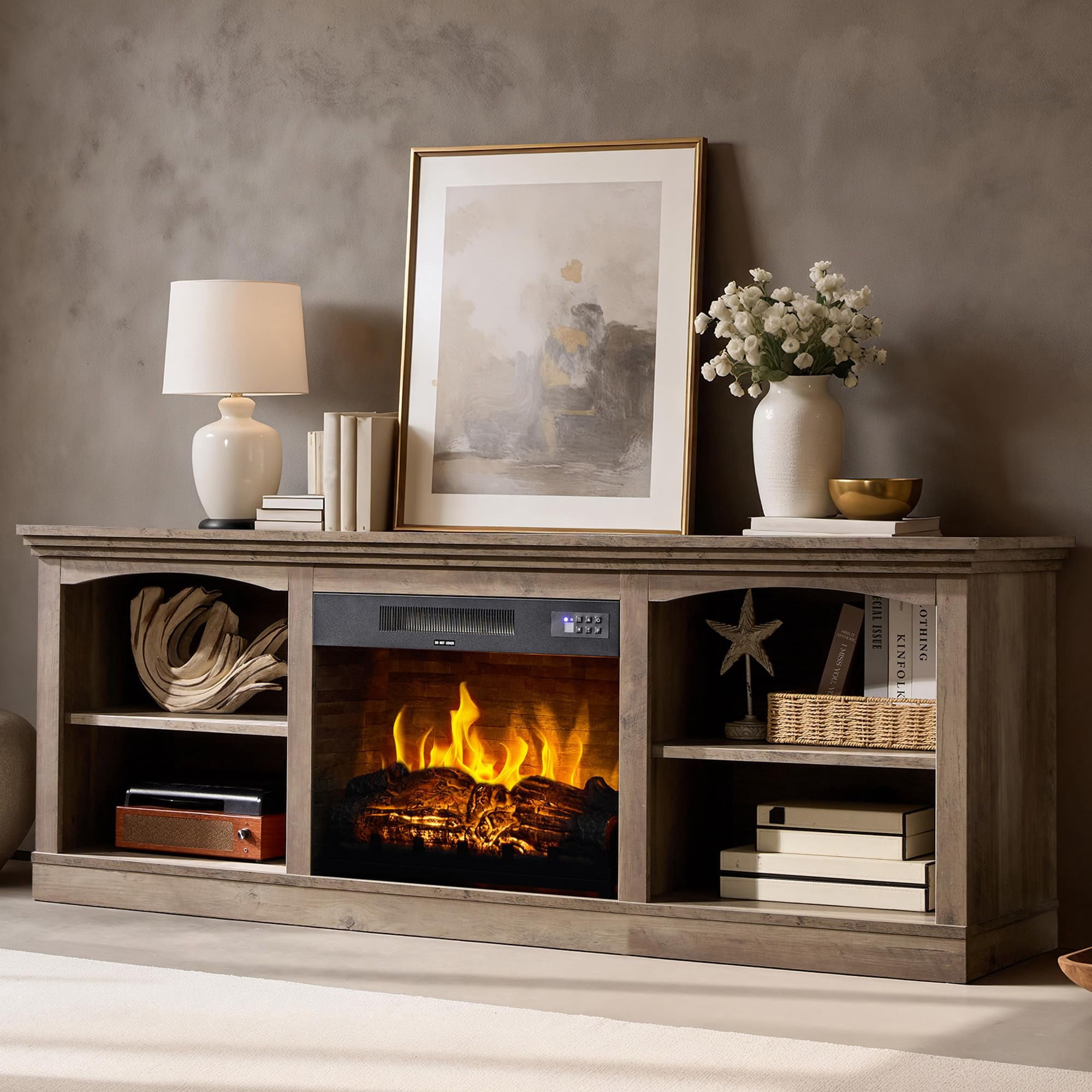 Merluxy 70" Fireplace TV Stand for TVs up to 80", Farmhouse Entertainment Center with 23" Electric Fireplace, Rustic Grey
