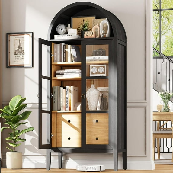Merluxy 71" Arched Storage Cabinet with Glass Doors and Adjustable Shelves, Modern Bookshelf, Grey