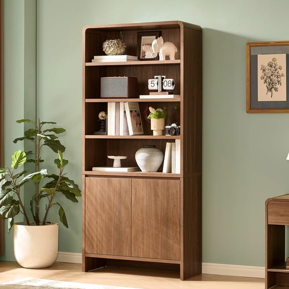 Merluxy 71“ Modern Bookcase with Storage Cabinets, 6-Tier Wood Bookshelf with Doors & Adjustable Shelves, for Living Room, Bedroom, Rustic Brown