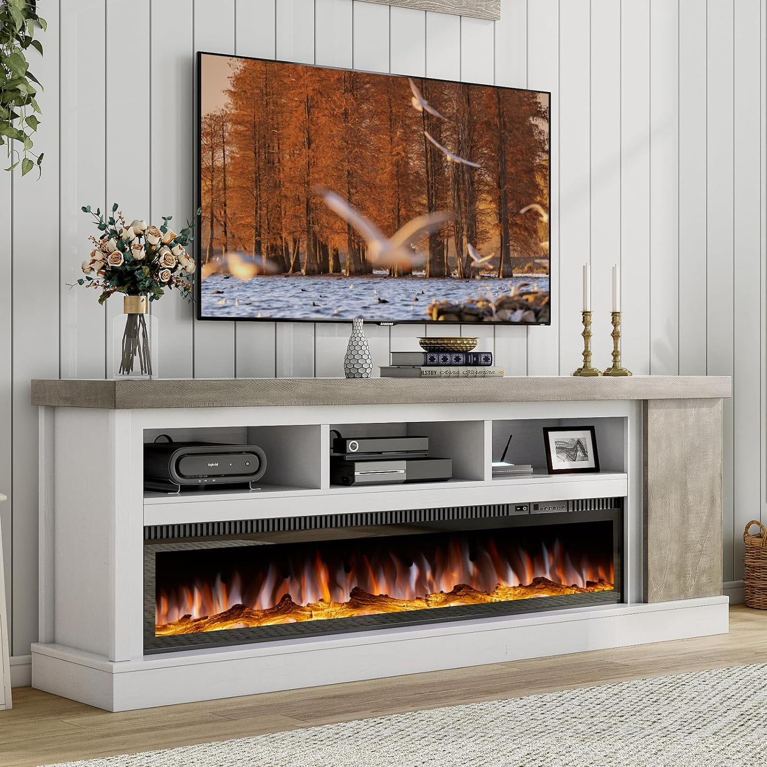 Merluxy 75 Fireplace TV Stand with for TVs Up to 85 White Light Gray