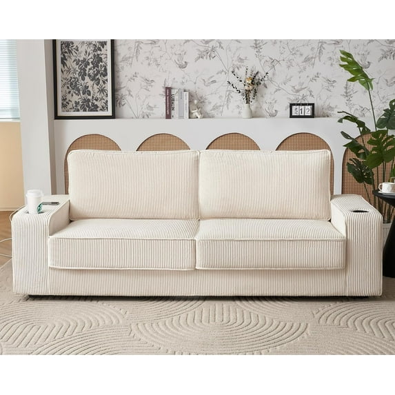 Merluxy 89 inch Sofa with USB Charging Ports & Cup Holders, Couch for Living Room, Beige Corduroy