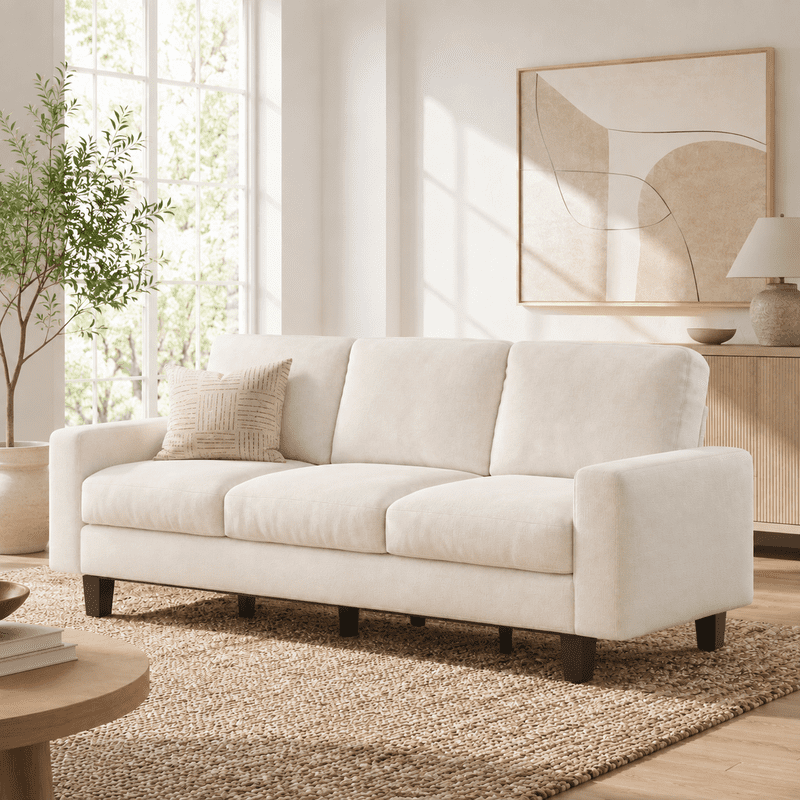 Merluxy 74.8" 3 Seater Sofa with 22" Deep Seat, Beige Couch for Living Room, Full Metal Support, for Bedroom & Apartment, Beige Chenille