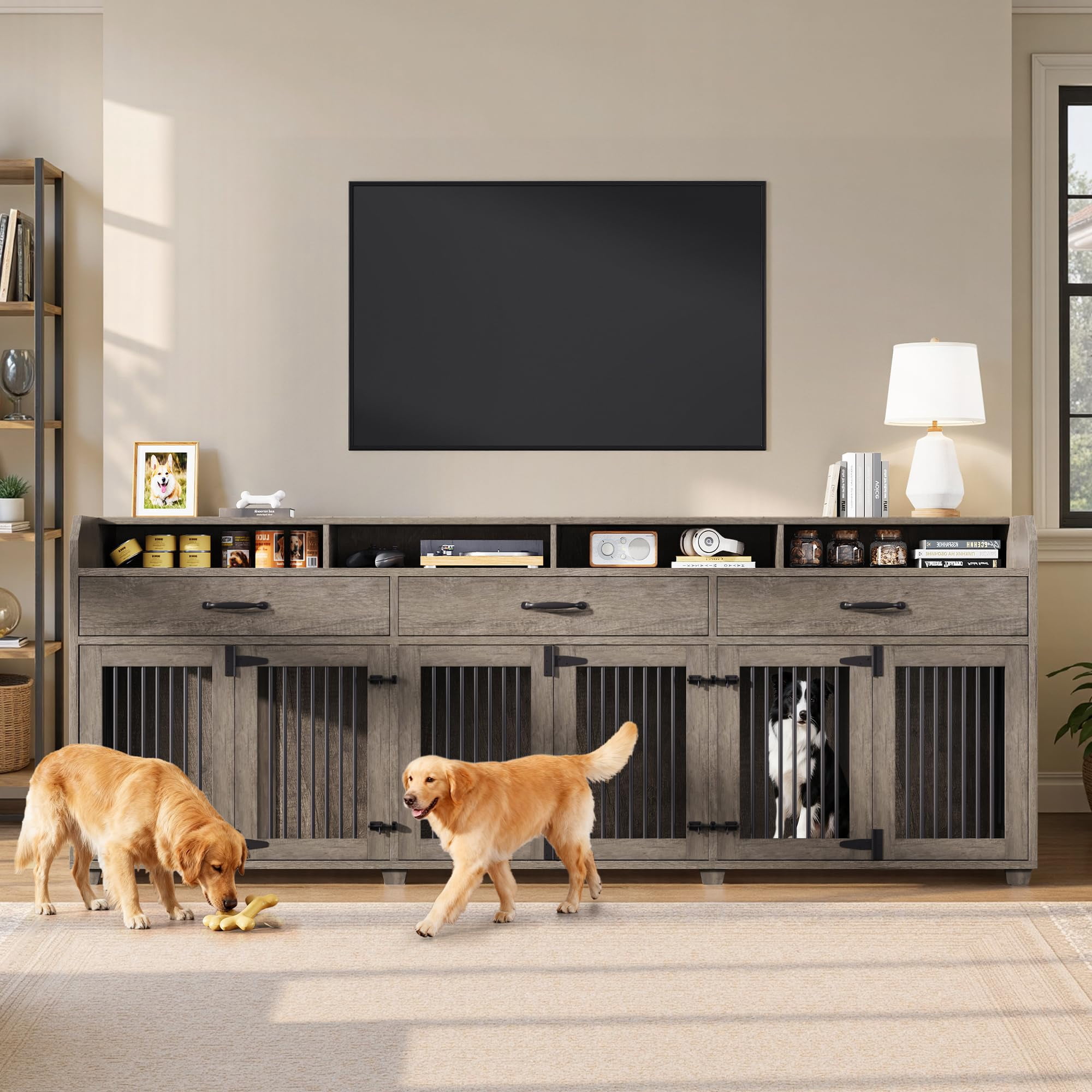 Merluxy 95" Large Dog Crate Furniture with Storage, 3-Room Indoor Wooden Dog Kennel for Large/Medium Dogs, TV Stand & Sideboard, Grey