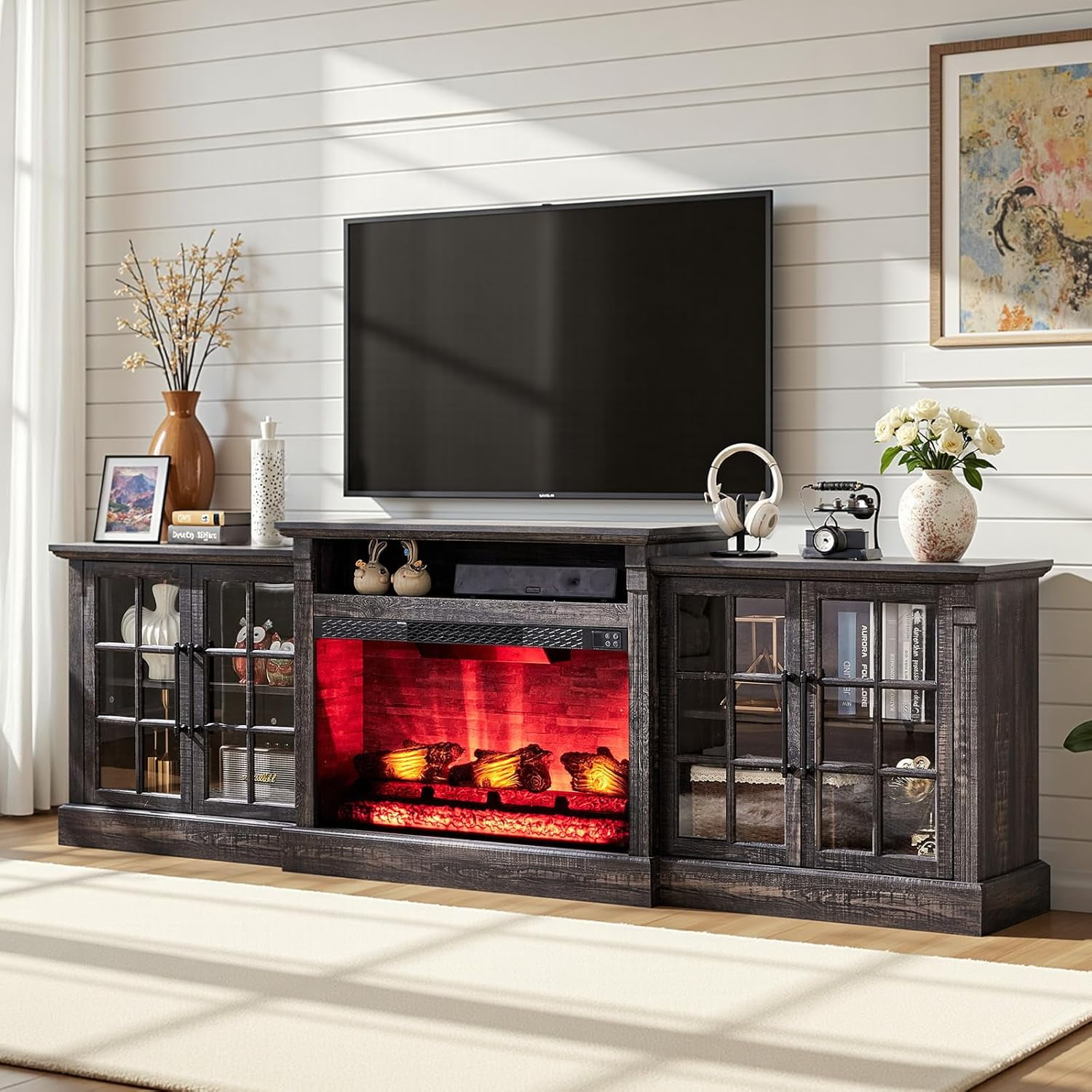 Merluxy 97" Farmhouse Fireplace TV Stand, Entertainment Center with Adjustable Shelf, Black