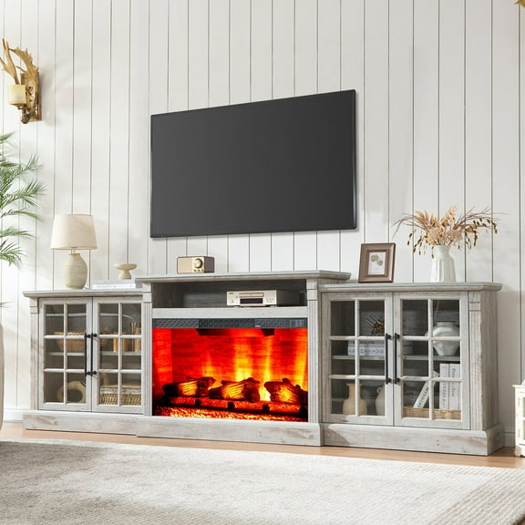 Merluxy 97" Farmhouse Fireplace TV Stand, Entertainment Center with Large Storage Space and Adjustable Shelf for Living Room, Light Grey