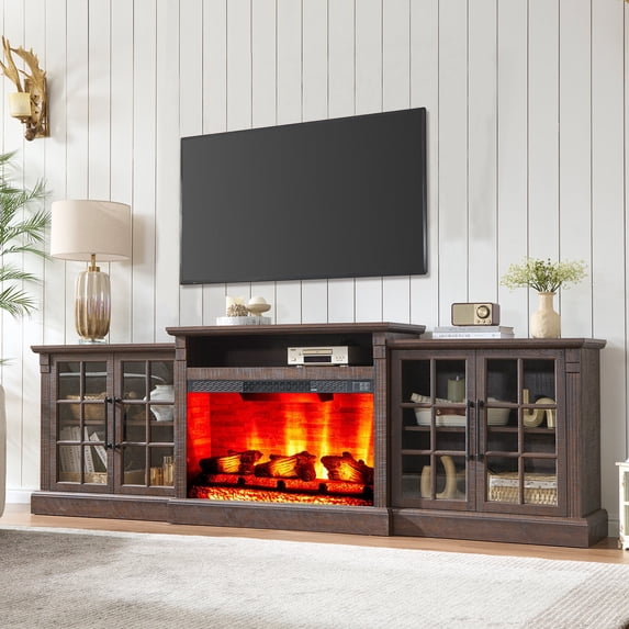 Merluxy 97" Farmhouse Fireplace TV Stand, Entertainment Center with Large Storage Space and Adjustable Shelf for Living Room, Rustic Brown