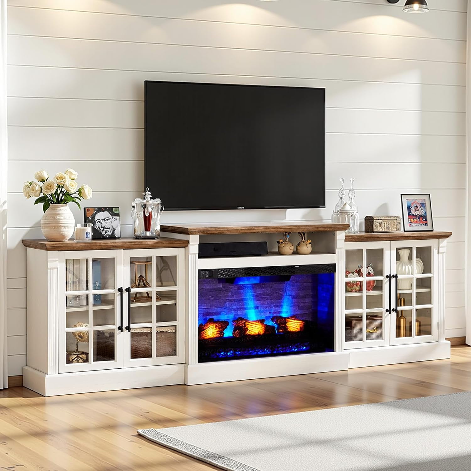 Merluxy 97" Farmhouse Fireplace TV Stand, Entertainment Center with Large Storage Space and Adjustable Shelf for Living Room, White