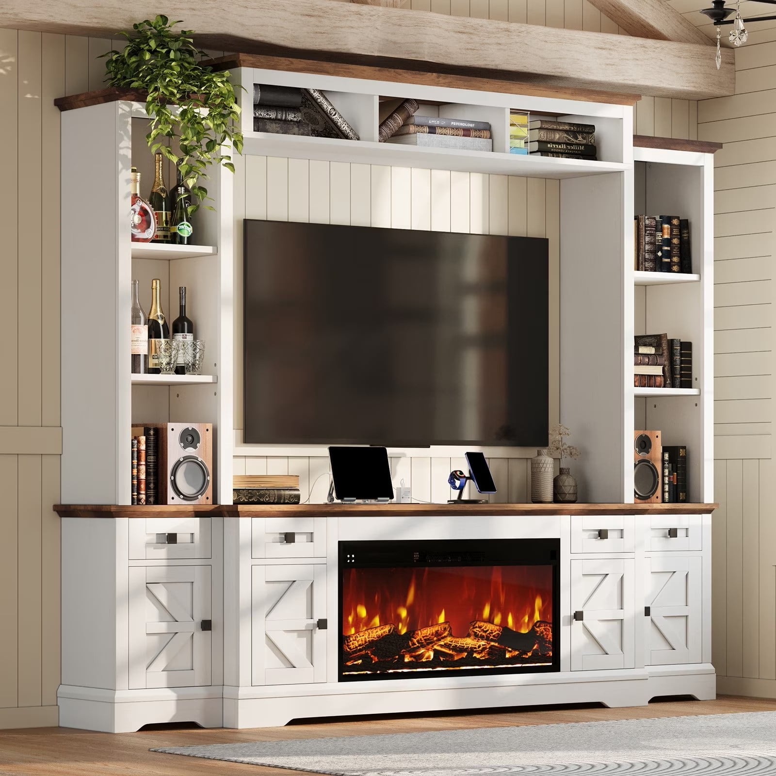 Merluxy 98" Farmhouse TV Stand with Fireplace, Entertainment Center, Bookshelf, Wall Unit Media Console with Power Outlets & Barn Doors, Off-White