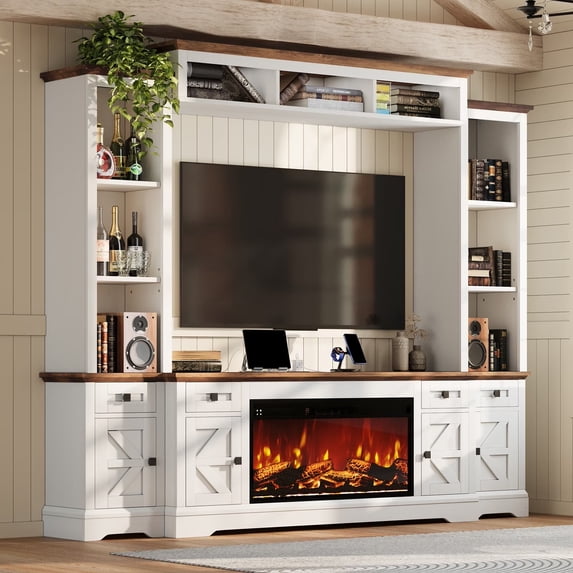 Merluxy 98" Farmhouse TV Stand with Fireplace, Entertainment Center, Bookshelf, Wall Unit Media Console with Power Outlets & Barn Doors, Off-White