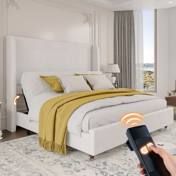 Merluxy Adjustable Bed Frame Queen Size with 50" Upholstered Wingback Headboard, Smart Adjustable Positions, Easy Assembly, White