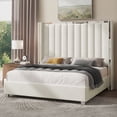 thumbnail image 1 of Merluxy Queen Bed Frame with 58" tall Headboard, Velvet Upholstered Platform with Channel Tufted Wingback Headboard and Plating Trim,Cream, 1 of 9