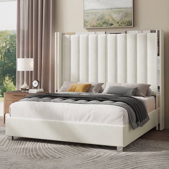 Merluxy Queen Bed Frame with 58" tall Headboard, Velvet Upholstered Platform with Channel Tufted Wingback Headboard and Plating Trim,Cream