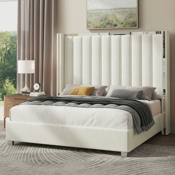 Merluxy Bed Frame with 58" tall Headboard, Velvet Upholstered Platform bed with Channel Tufted Wingback Headboard and Plating Trim,Queen,Cream