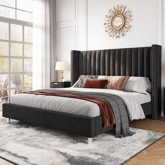 Merluxy Bed Frame Queen Size Upholstered Bed Wingback Headborad Velvet Channel Tufted/No Box Spring Needed/Black