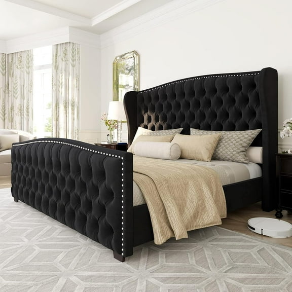Merluxy California King Size Platform Bed Frame, Velvet Upholstered Bed with Deep Button Tufted & Nailhead Trim Wingback Headboard, Black
