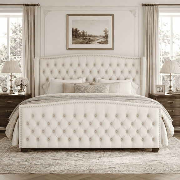 Merluxy California King Size Platform Bed Frame, Velvet Upholstered Bed with Deep Button Tufted & Nailhead Trim Wingback Headboard, Cream