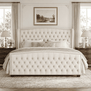 Merluxy California King Size Platform Bed Frame, Velvet Upholstered Bed with Deep Button Tufted & Nailhead Trim Wingback Headboard, Cream