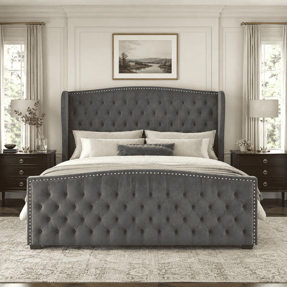Merluxy California King Size Platform Bed Frame, Velvet Upholstered Bed with Deep Button Tufted & Nailhead Trim Wingback Headboard, Grey