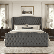 Merluxy California King Size Platform Bed Frame, Velvet Upholstered Bed with Deep Button Tufted & Nailhead Trim Wingback Headboard, Grey