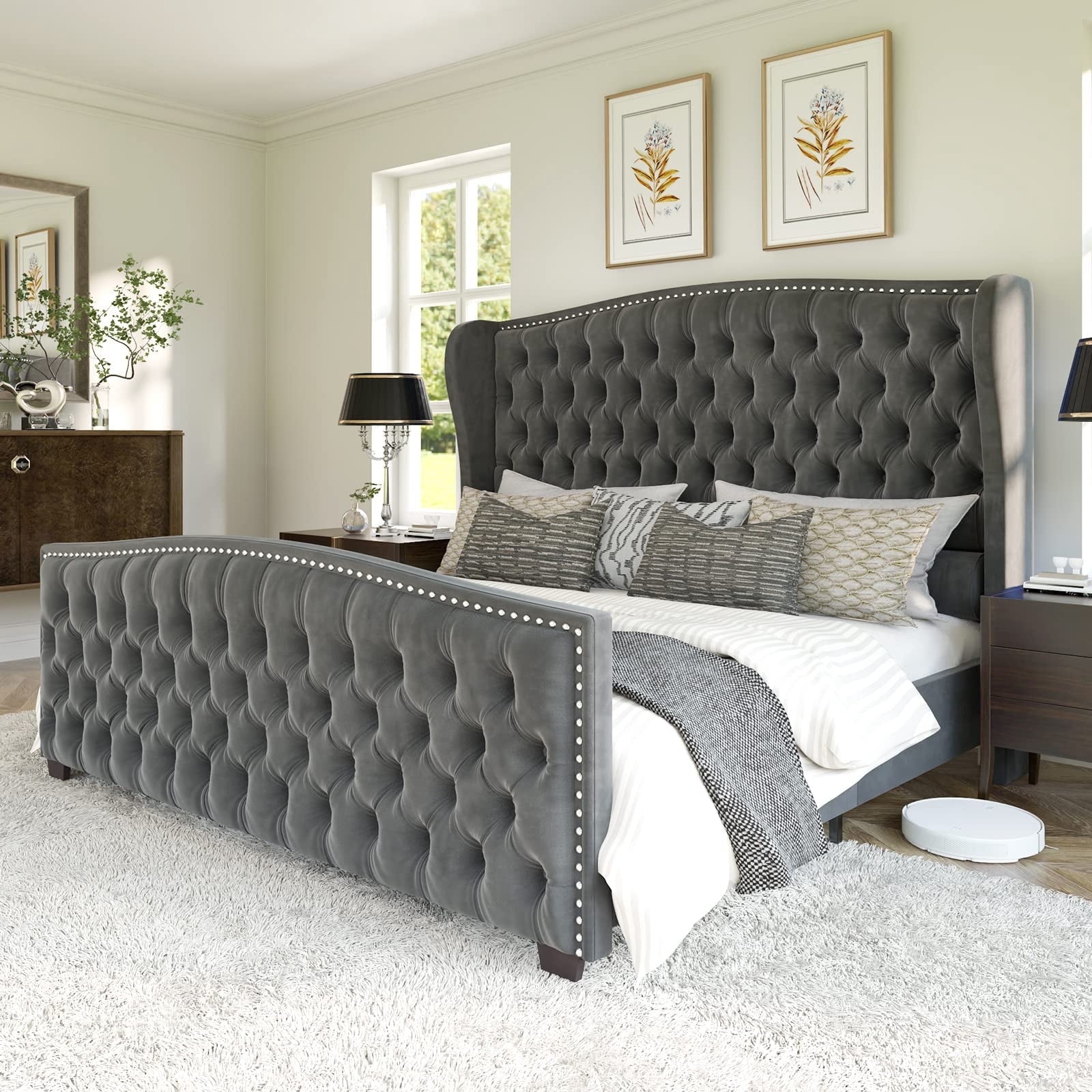 Merluxy California King Size Platform Bed Frame, Velvet Upholstered Bed with Deep Button Tufted & Nailhead Trim Wingback Headboard, Grey