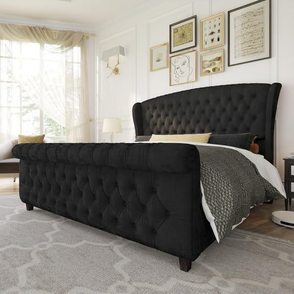 Merluxy California King Size Platform Bed Frame, Velvet Upholstered Sleigh Bed with Scroll Wingback Headboard & Footboard/Button Tufted, Black