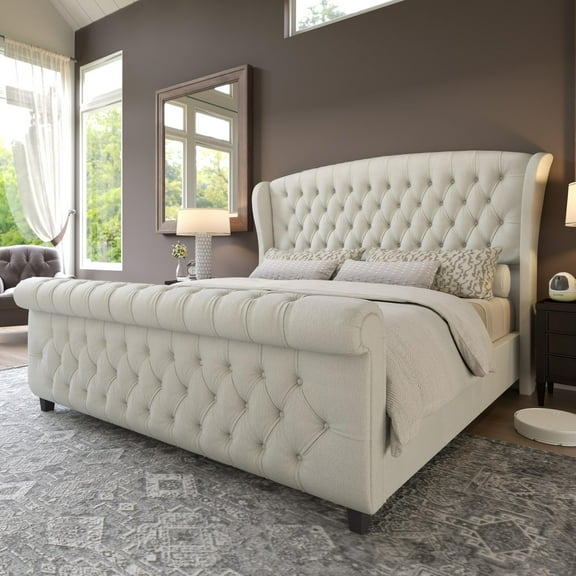Merluxy California King Size Platform Bed Frame, Velvet Upholstered Sleigh Bed with Scroll Wingback Headboard & Footboard/Button Tufted, Cream