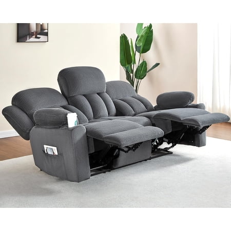 Merluxy Couch, 3 Seater Sofa with Cup Holders for Living Room, Grey Recliner in Plush Fabric