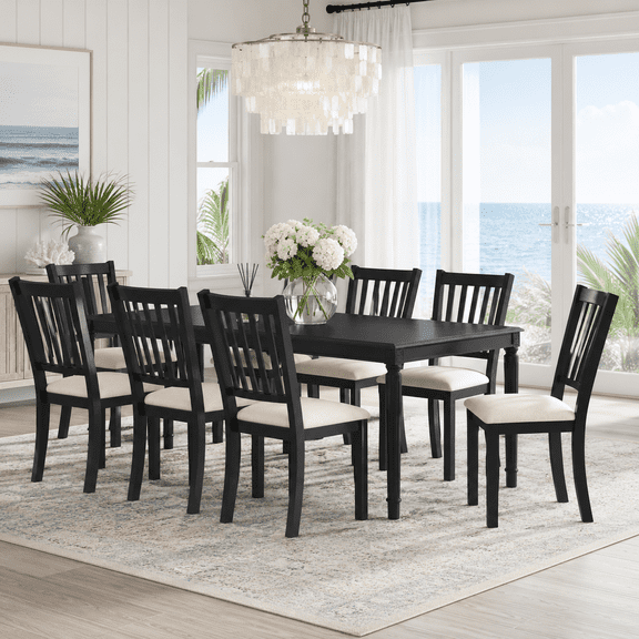Merluxy Dining Table Set for 8, 79" Rectangular Farmhouse Table with 8 Upholstered Chairs, Solid Rubberwood Frame, Roman Conical Legs, Grey